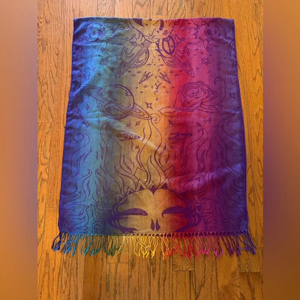 Rainbow Celestial Fringe Scarf Boho Festival Wrap Shawl 70x28 Cosmic Star Moon